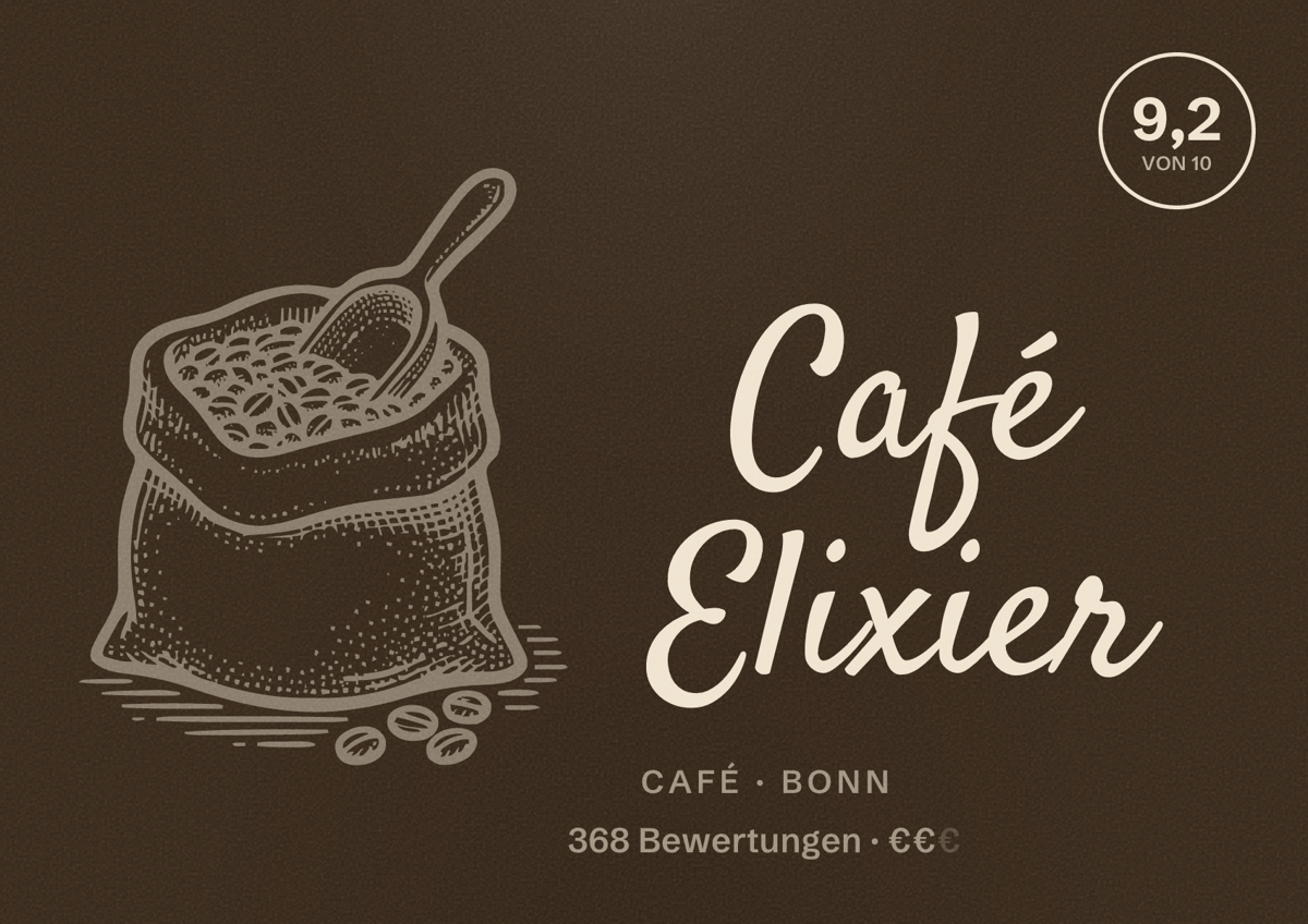 Illustriertes Poster von Café Elixier, Café in Bonn: Bewertung 9,2 von 10 aus 368 Bewertungen, Preisniveau €€