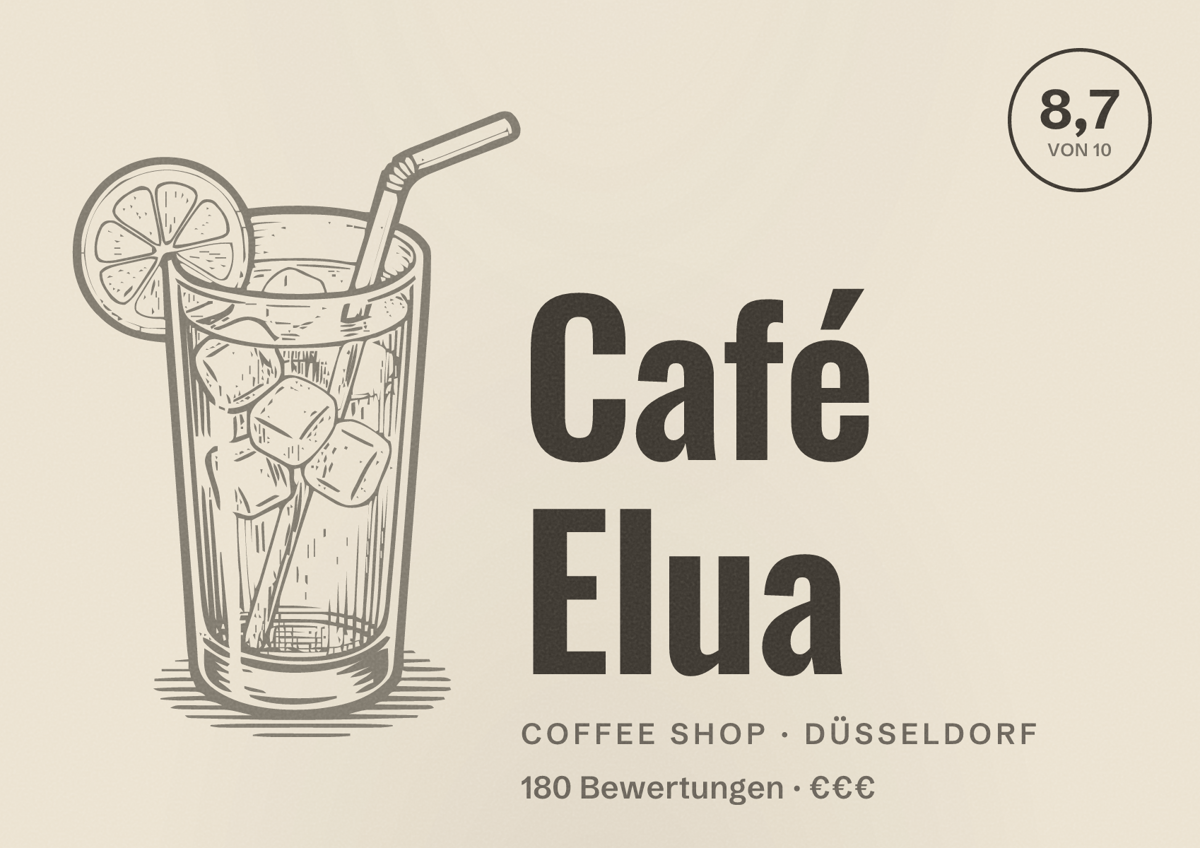 Illustriertes Poster von Café Elua, Coffee Shop in Düsseldorf: Bewertung 8,7 von 10 aus 180 Bewertungen, Preisniveau €€€