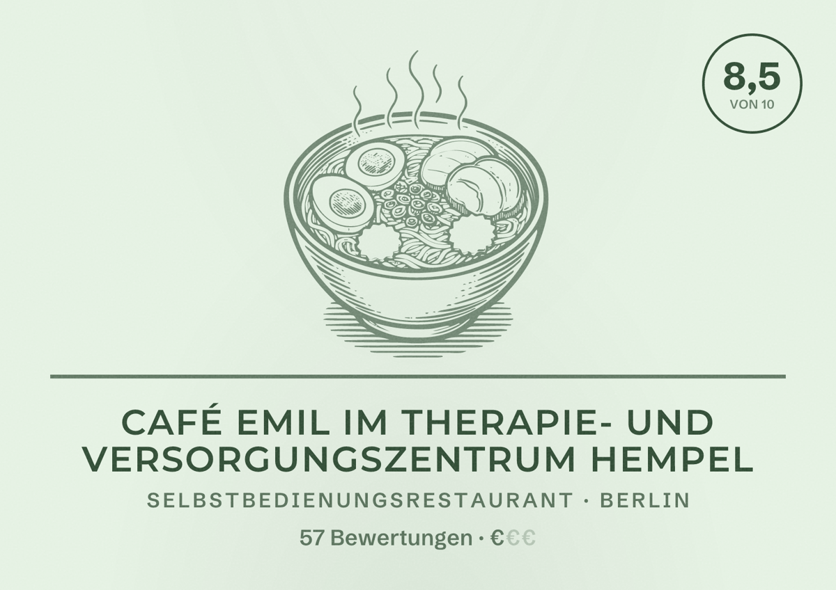 Illustriertes Poster von Café Emil im Therapie- und Versorgungszentrum Hempel, Selbstbedienungsrestaurant in Berlin: Bewertung 8,5 von 10 aus 57 Bewertungen, Preisniveau €