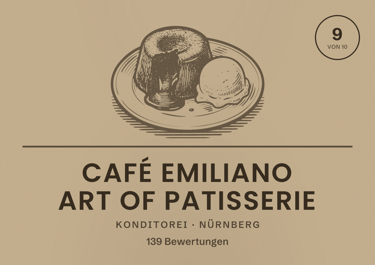 Illustriertes Poster von Café Emiliano Art of Patisserie, Konditorei in Nürnberg: Bewertung 9 von 10 aus 139 Bewertungen