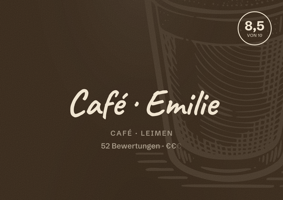 Illustriertes Poster von Café Emilie, Café in Leimen: Bewertung 8,5 von 10 aus 52 Bewertungen, Preisniveau €€