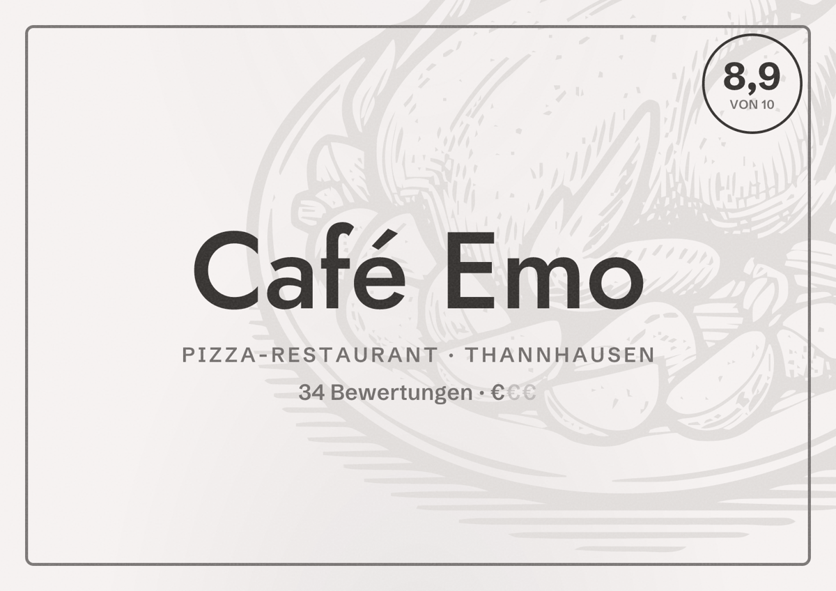 Illustriertes Poster von Café Emo, Pizza-Restaurant in Thannhausen: Bewertung 8,9 von 10 aus 34 Bewertungen, Preisniveau €