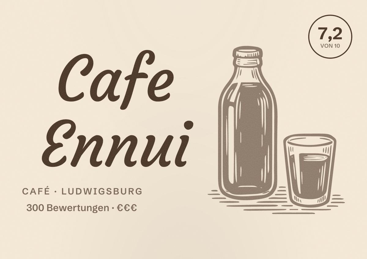 Illustriertes Poster von Cafe Ennui, Café in Ludwigsburg: Bewertung 7,2 von 10 aus 300 Bewertungen, Preisniveau €€€