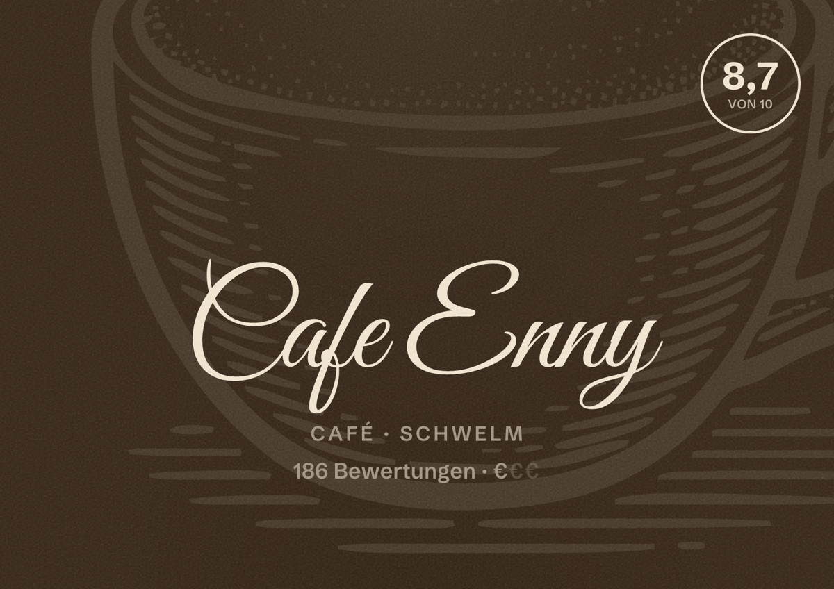 Illustriertes Poster von Cafe Enny, Café in Schwelm: Bewertung 8,7 von 10 aus 186 Bewertungen, Preisniveau €