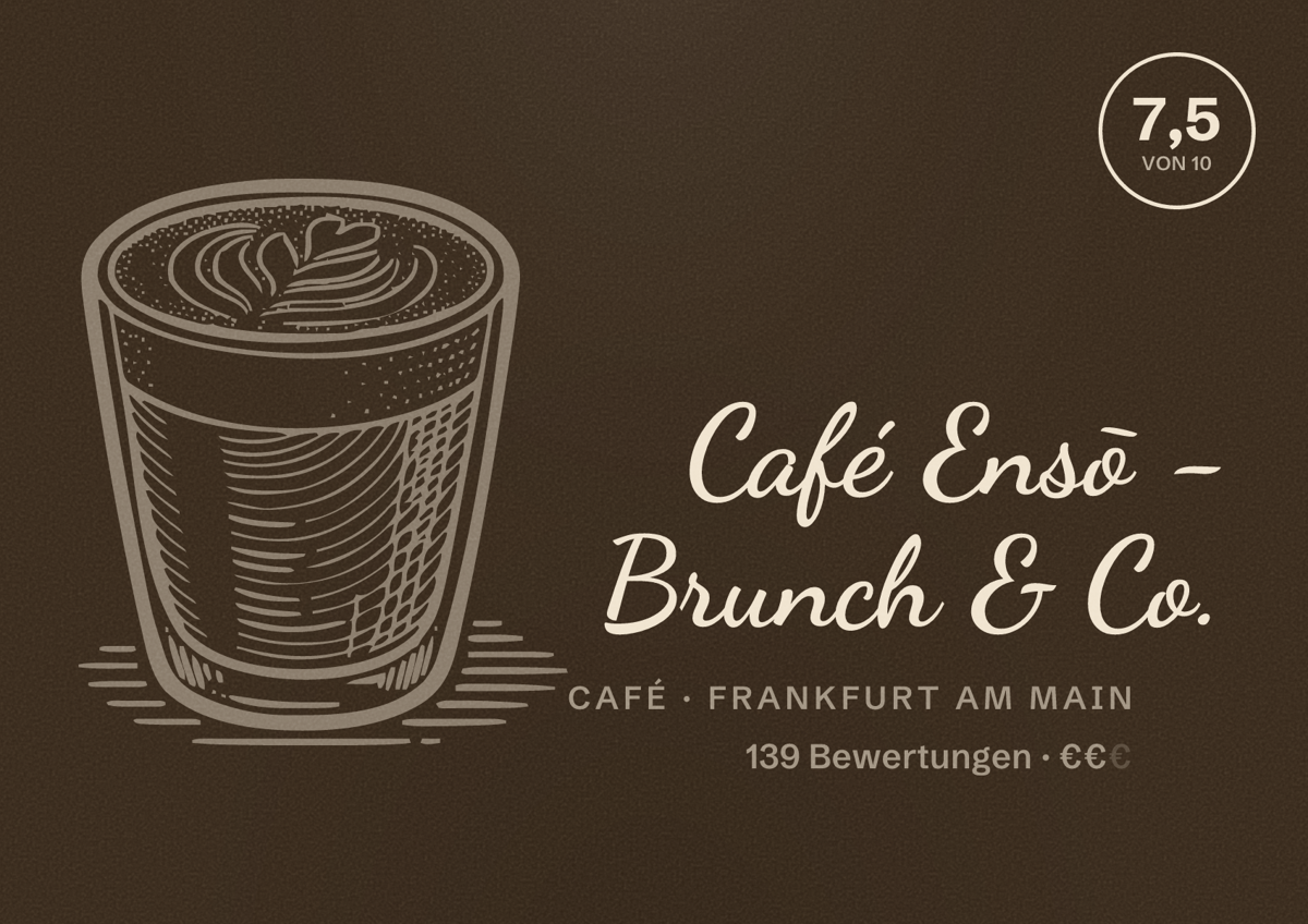 Illustriertes Poster von Café Ensō - Brunch & Co., Café in Frankfurt am Main: Bewertung 7,5 von 10 aus 139 Bewertungen, Preisniveau €€