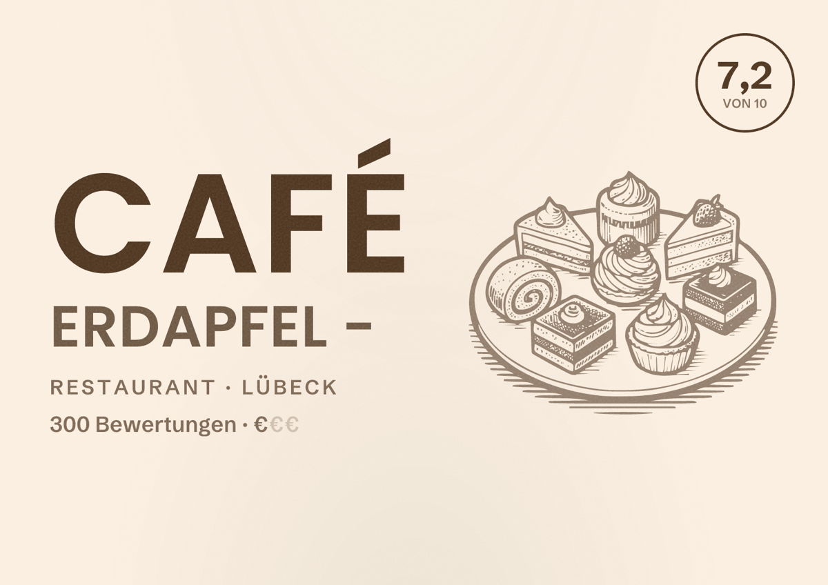 Illustriertes Poster von Café Erdapfel -, Restaurant in Lübeck: Bewertung 7,2 von 10 aus 300 Bewertungen, Preisniveau €