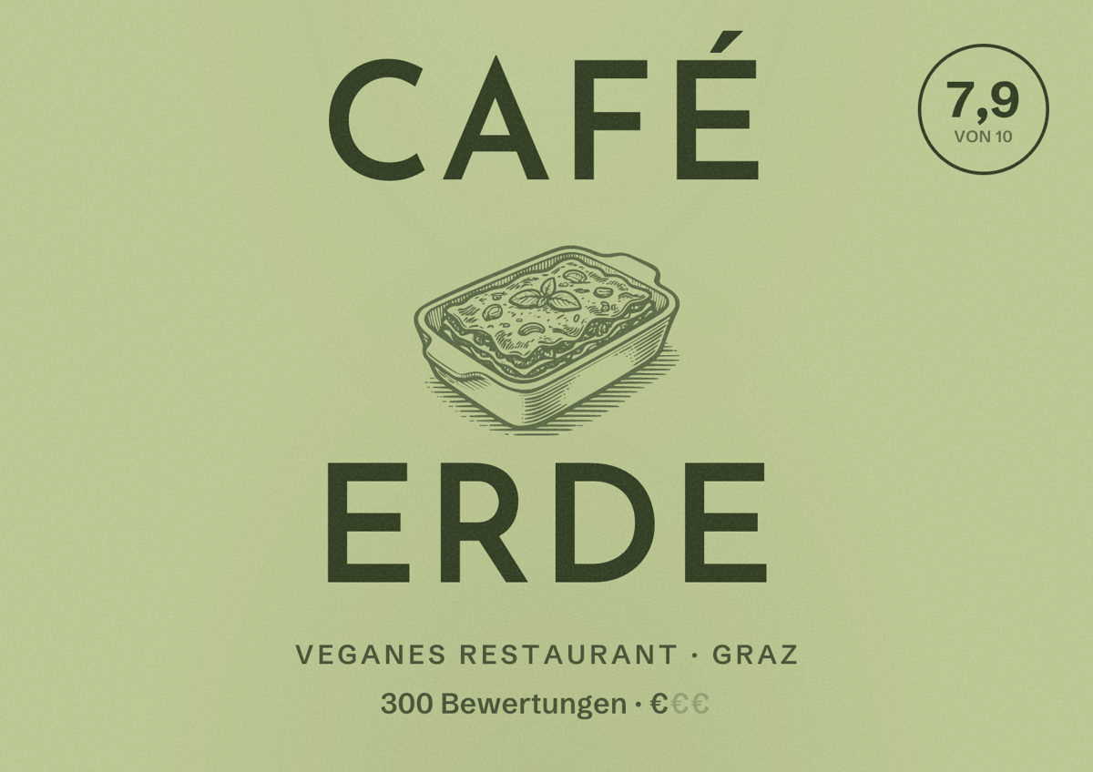 Illustriertes Poster von café erde, Veganes Restaurant in Graz: Bewertung 7,9 von 10 aus 300 Bewertungen, Preisniveau €