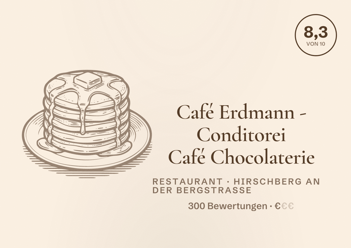 Illustriertes Poster von Café Erdmann - Conditorei Café Chocolaterie, Restaurant in Hirschberg an der Bergstraße: Bewertung 8,3 von 10 aus 300 Bewertungen, Preisniveau €