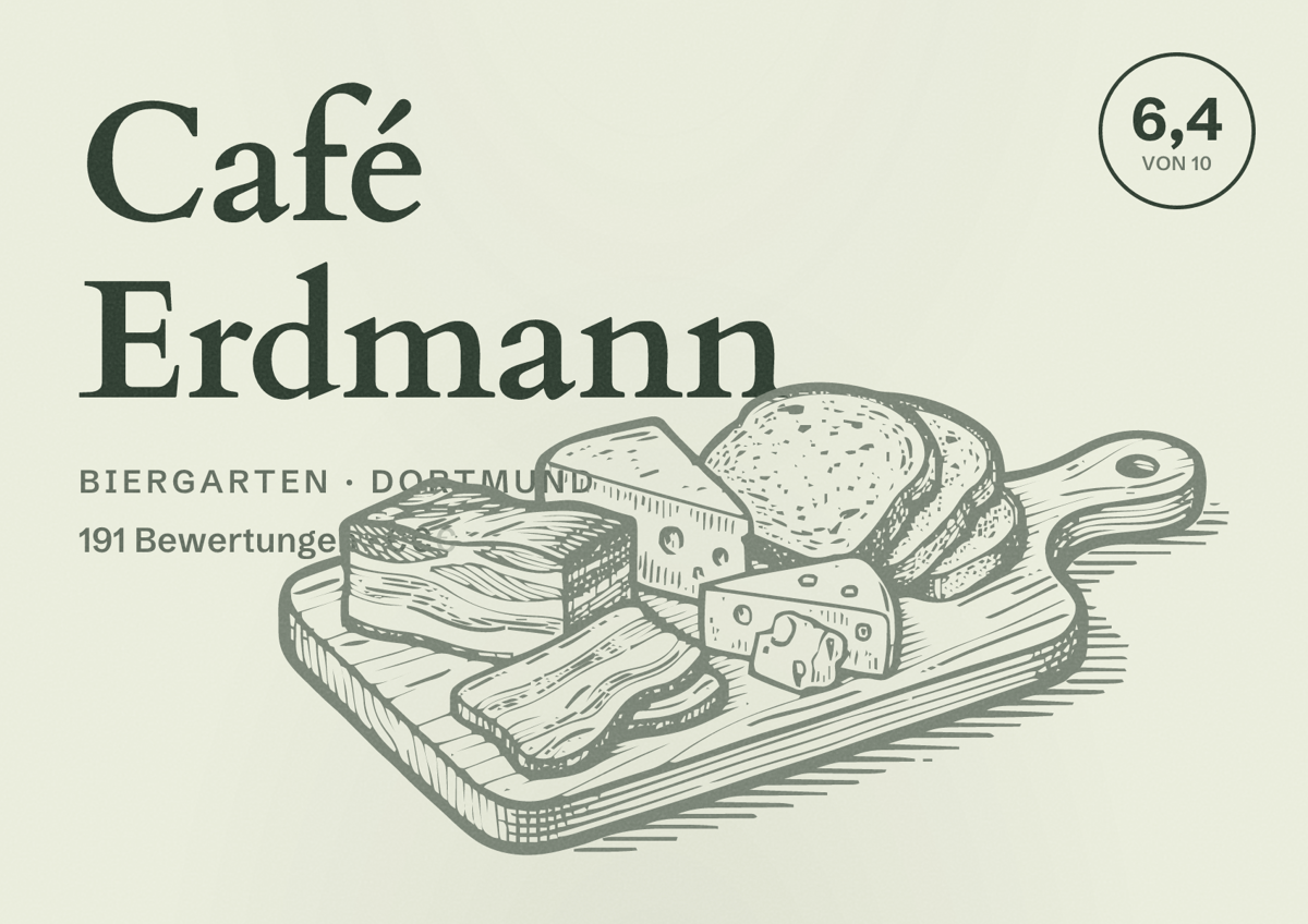 Illustriertes Poster von Café Erdmann, Biergarten in Dortmund: Gästebewertung 6,4 von 10 aus 191 Bewertungen