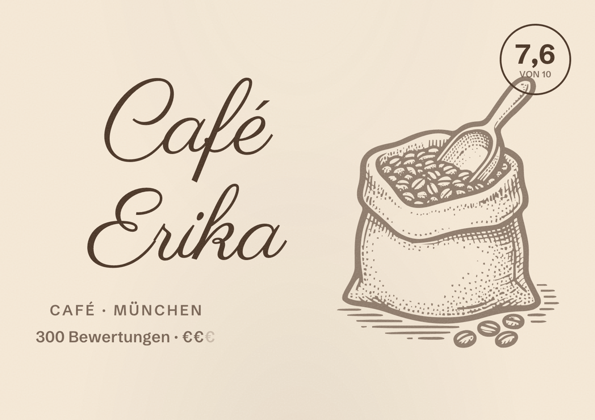 Illustriertes Poster von Café Erika, Café in München: Bewertung 7,6 von 10 aus 300 Bewertungen, Preisniveau €€