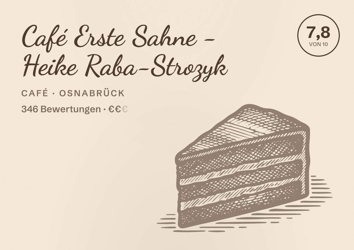 Illustriertes Poster von Café Erste Sahne - Heike Raba-Strozyk, Café in Osnabrück: Bewertung 7,8 von 10 aus 346 Bewertungen, Preisniveau €€