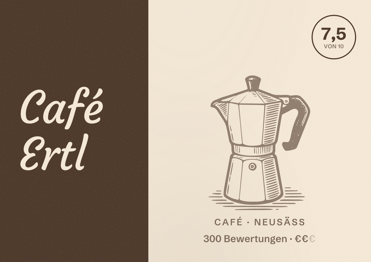 Illustriertes Poster von Café Ertl, Café in Neusäß: Bewertung 7,5 von 10 aus 300 Bewertungen, Preisniveau €€