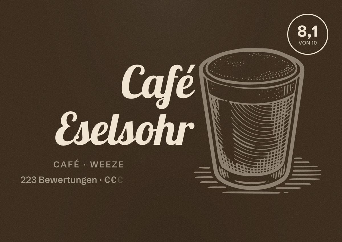 Illustriertes Poster von Café Eselsohr, Café in Weeze: Bewertung 8,1 von 10 aus 223 Bewertungen, Preisniveau €€
