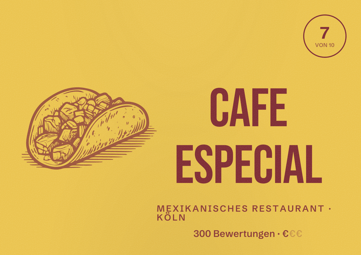 Illustriertes Poster von CAFE ESPECIAL, Mexikanisches Restaurant in Köln: Bewertung 7,0 von 10 aus 300 Bewertungen, Preisniveau €