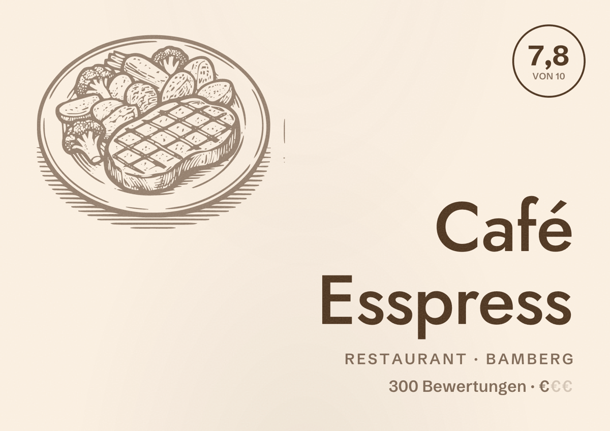 Illustriertes Poster von Café Esspress, Restaurant in Bamberg: Bewertung 7,8 von 10 aus 300 Bewertungen, Preisniveau €