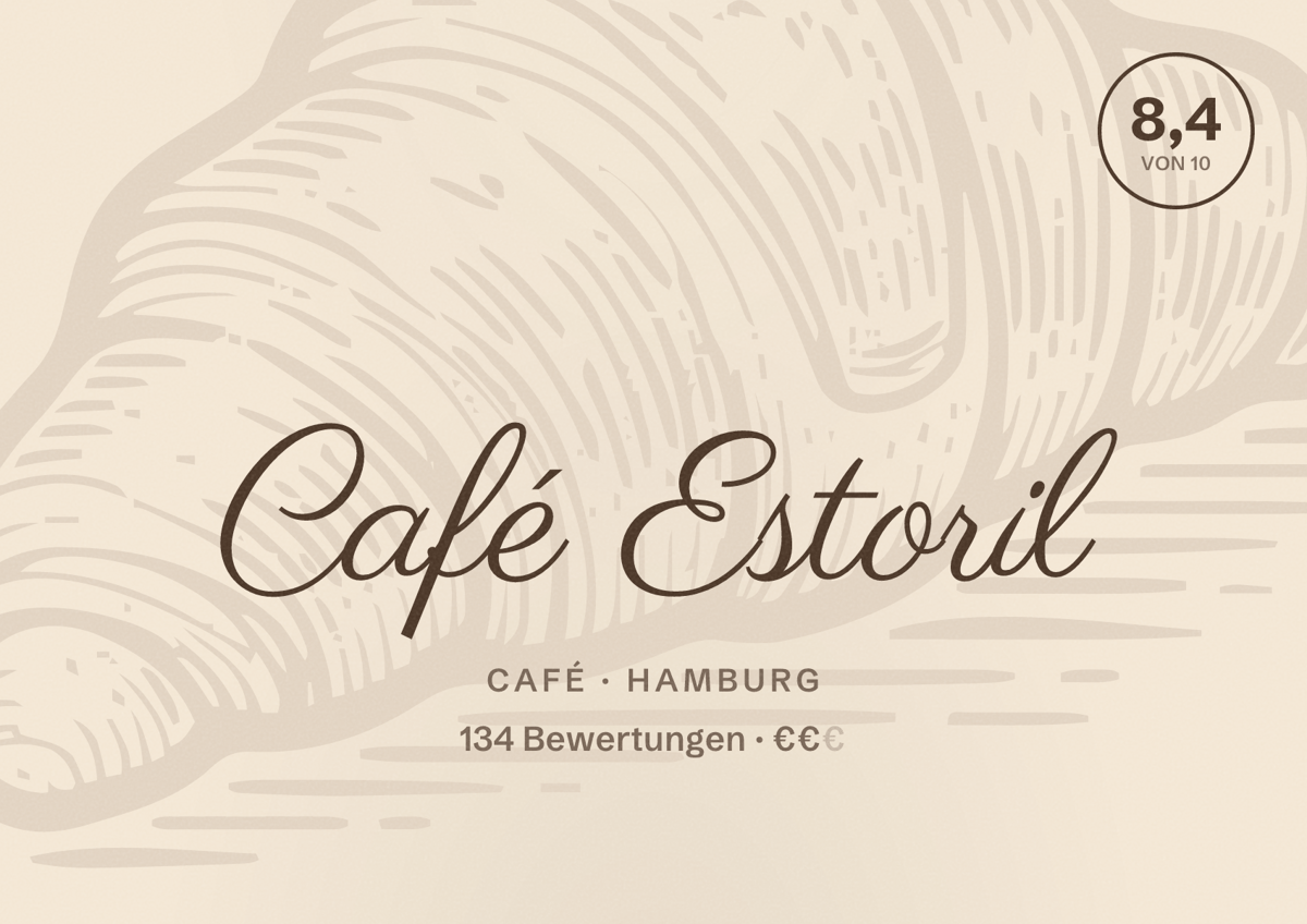 Illustriertes Poster von Café Estoril, Café in Hamburg: Bewertung 8,4 von 10 aus 134 Bewertungen, Preisniveau €€