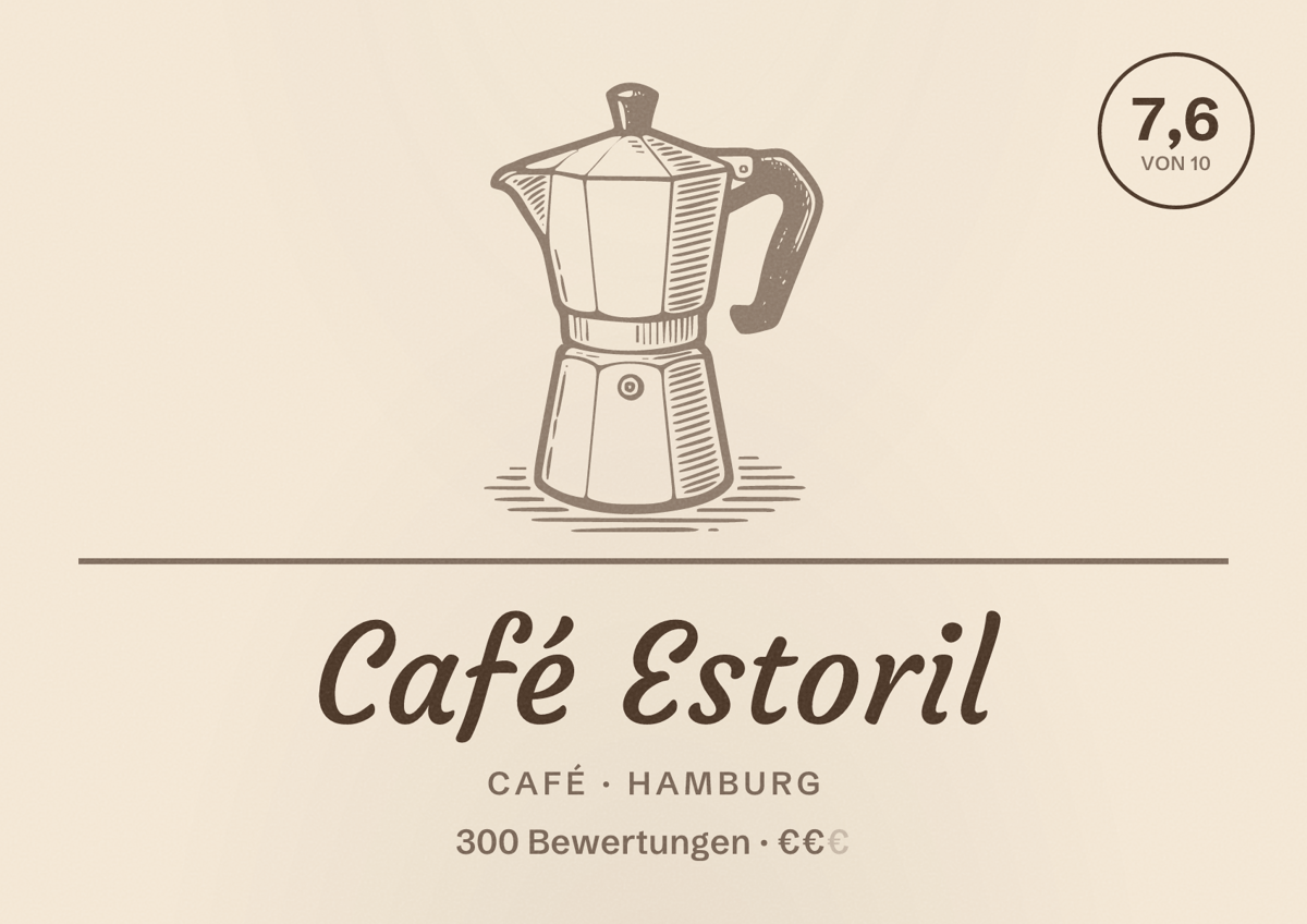 Illustriertes Poster von Café Estoril, Café in Hamburg: Bewertung 7,6 von 10 aus 300 Bewertungen, Preisniveau €€