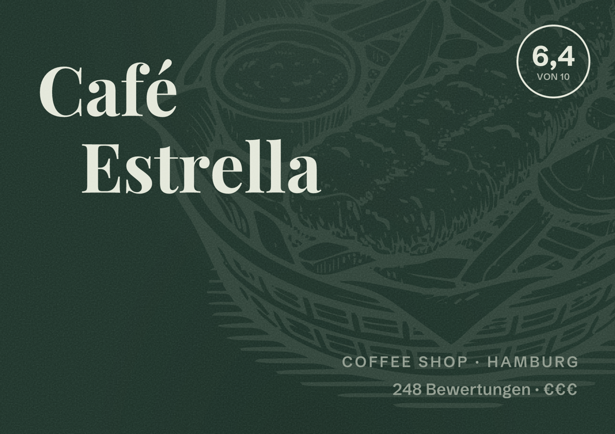 Illustriertes Poster von Café Estrella, Coffee Shop in Hamburg: Bewertung 6,4 von 10 aus 248 Bewertungen, Preisniveau €€€
