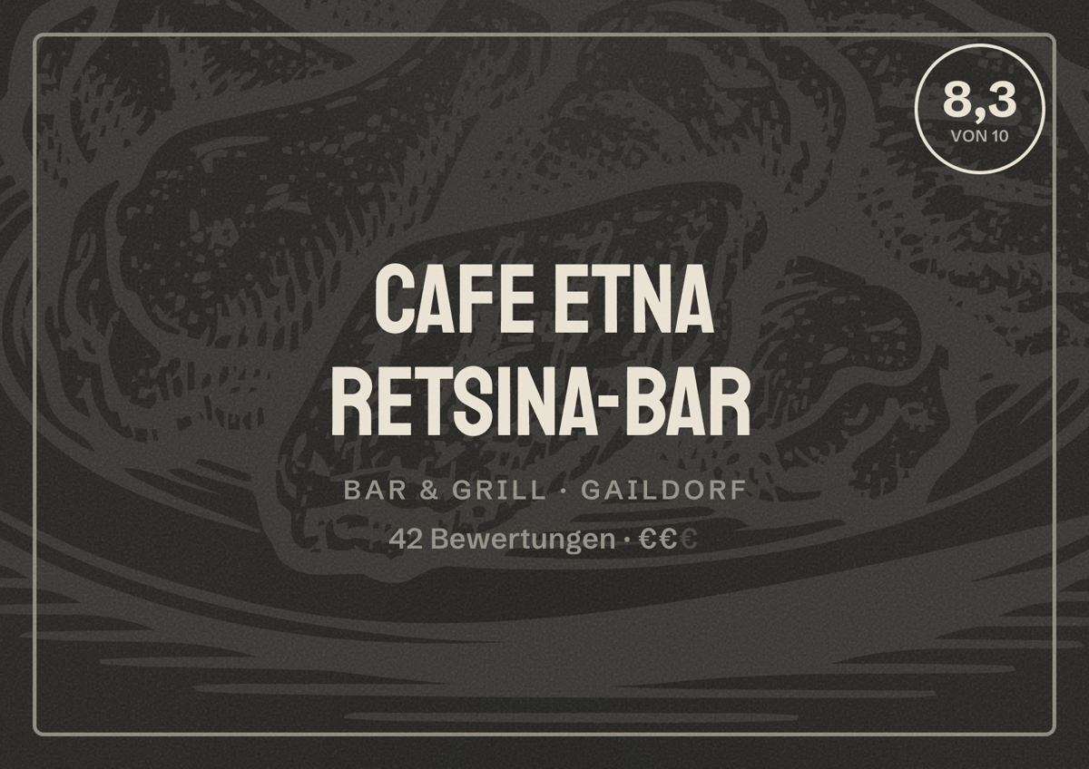 Illustriertes Poster von Cafe Etna Retsina-Bar, Bar & Grill in Gaildorf: Bewertung 8,3 von 10 aus 42 Bewertungen, Preisniveau €€