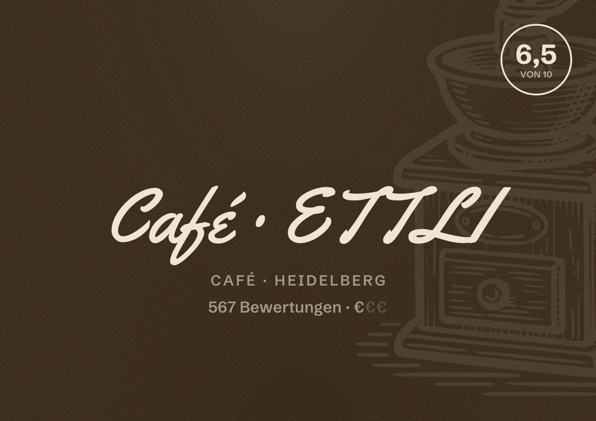 Illustriertes Poster von Café ETTLI, Café in Heidelberg: Bewertung 6,5 von 10 aus 567 Bewertungen, Preisniveau €