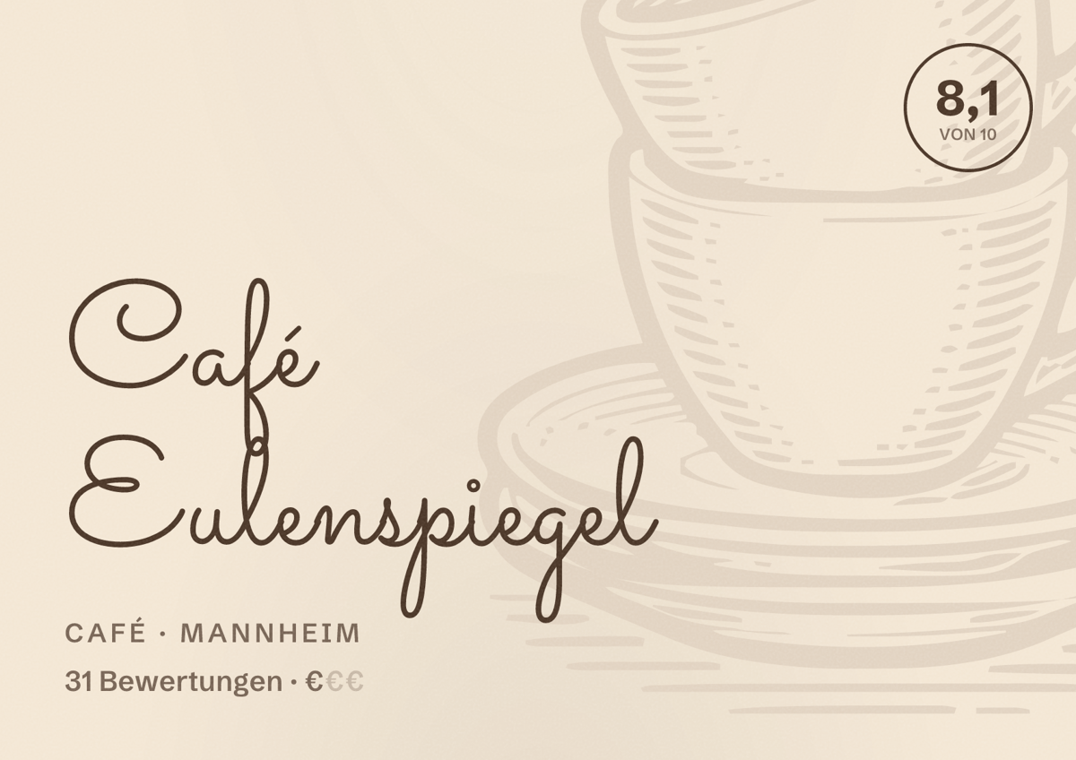 Illustriertes Poster von Café Eulenspiegel, Café in Mannheim: Bewertung 8,1 von 10 aus 31 Bewertungen, Preisniveau €
