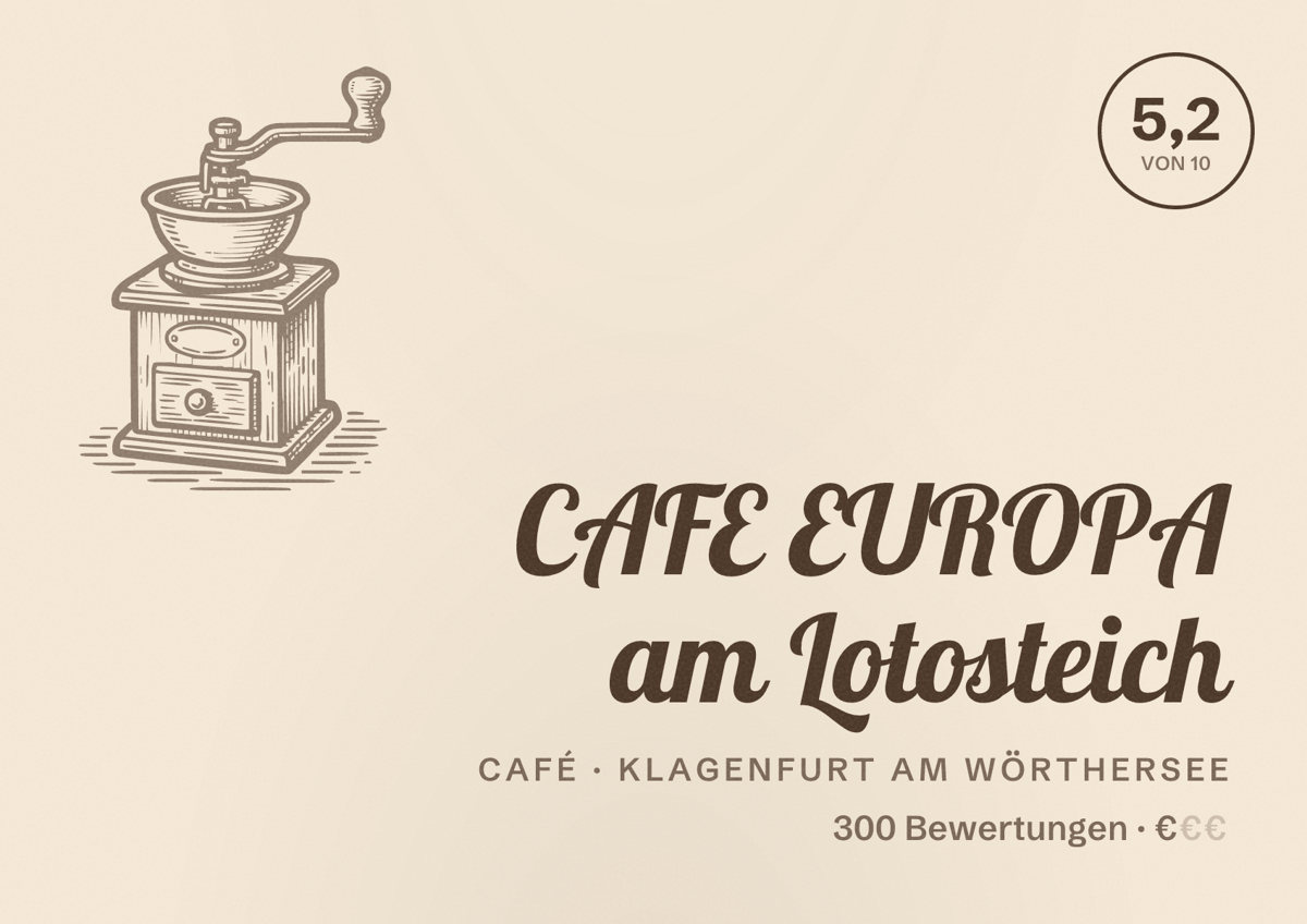 Illustriertes Poster von CAFE EUROPA am Lotosteich, Café in Klagenfurt am Wörthersee: Bewertung 5,2 von 10 aus 300 Bewertungen, Preisniveau €