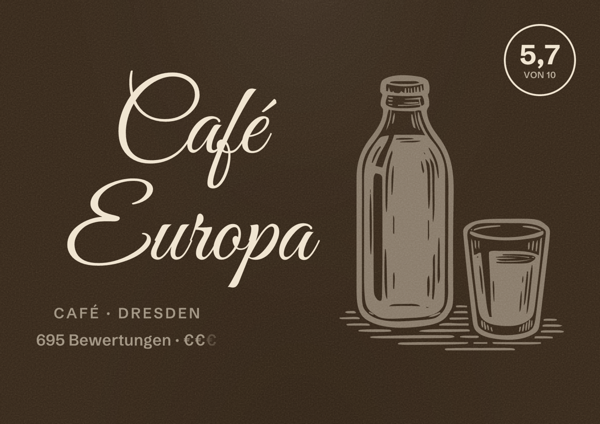 Illustriertes Poster von Café Europa, Café in Dresden: Bewertung 5,7 von 10 aus 695 Bewertungen, Preisniveau €€