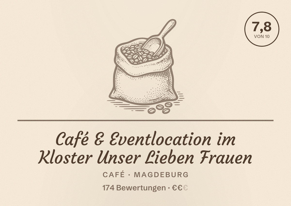 Illustriertes Poster von Café & Eventlocation im Kloster Unser Lieben Frauen, Café in Magdeburg: Bewertung 7,8 von 10 aus 174 Bewertungen, Preisniveau €€