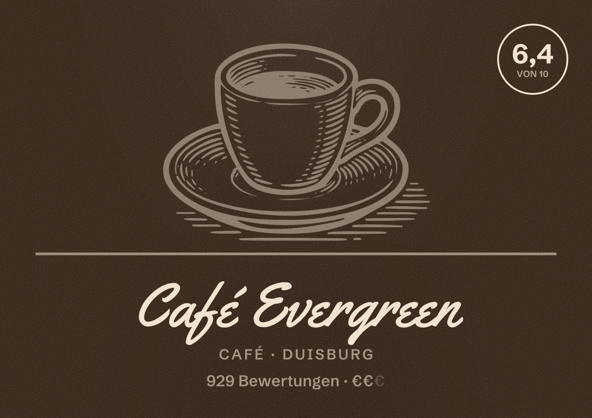 Illustriertes Poster von Café Evergreen, Café in Duisburg: Bewertung 6,4 von 10 aus 929 Bewertungen, Preisniveau €€