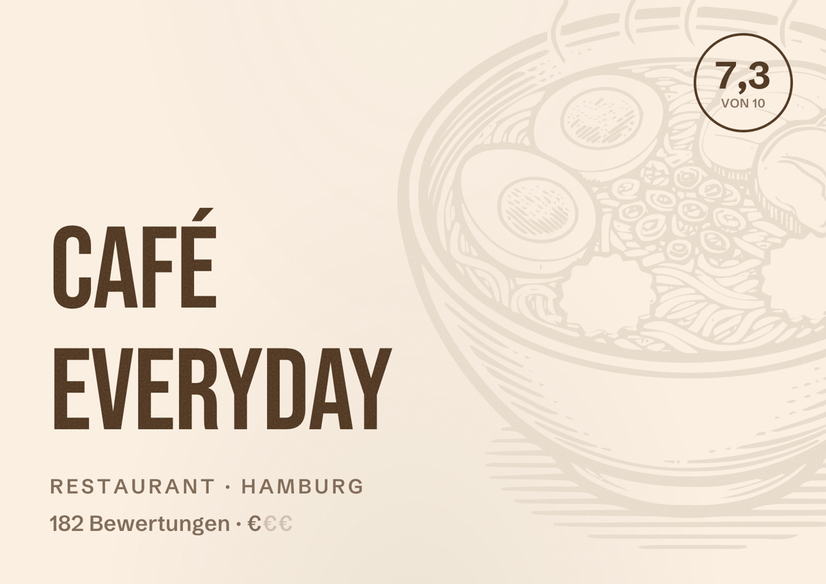 Illustriertes Poster von Café Everyday, Restaurant in Hamburg: Bewertung 7,3 von 10 aus 182 Bewertungen, Preisniveau €