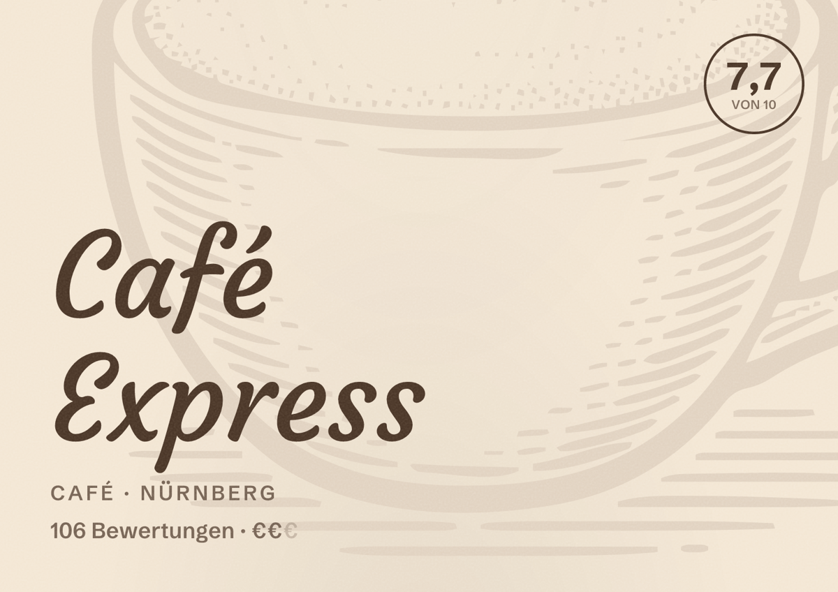 Illustriertes Poster von Café Express, Café in Nürnberg: Bewertung 7,7 von 10 aus 106 Bewertungen, Preisniveau €€