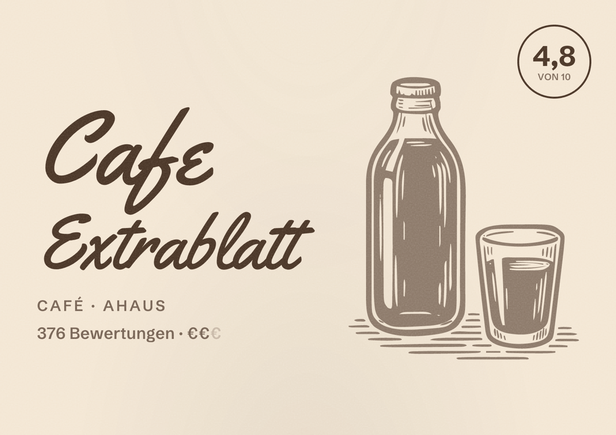 Illustriertes Poster von Cafe Extrablatt, Café in Ahaus: Bewertung 4,8 von 10 aus 376 Bewertungen, Preisniveau €€