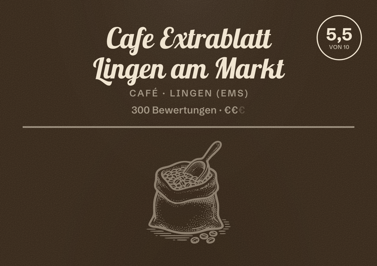 Illustriertes Poster von Cafe Extrablatt Lingen am Markt, Café in Lingen (Ems): Bewertung 5,5 von 10 aus 300 Bewertungen, Preisniveau €€