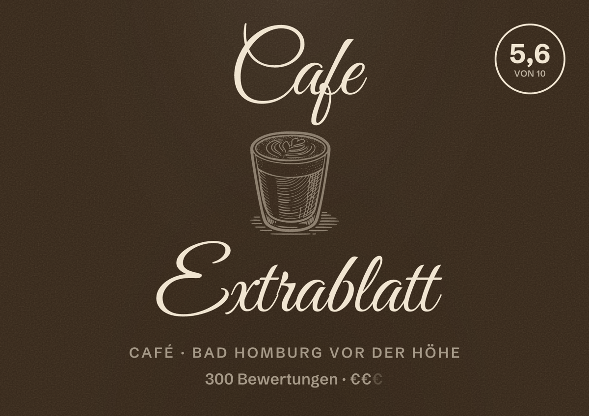 Illustriertes Poster von Cafe Extrablatt, Café in Bad Homburg vor der Höhe: Bewertung 5,6 von 10 aus 300 Bewertungen, Preisniveau €€