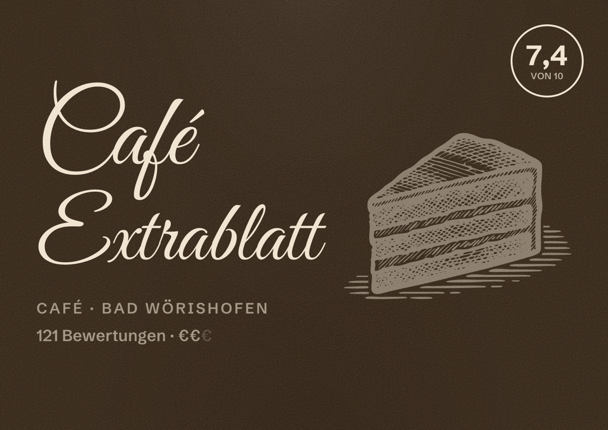 Illustriertes Poster von Café Extrablatt, Café in Bad Wörishofen: Bewertung 7,4 von 10 aus 121 Bewertungen, Preisniveau €€