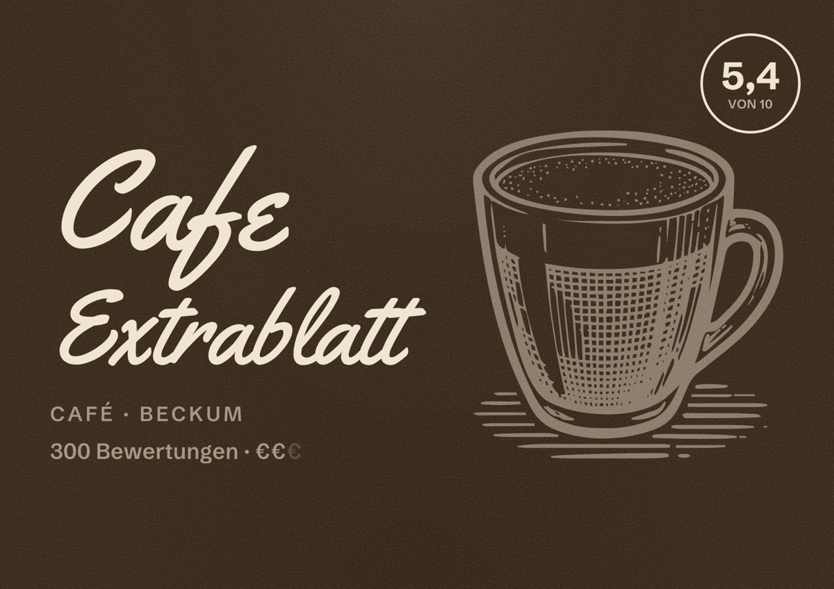 Illustriertes Poster von Cafe Extrablatt, Café in Beckum: Bewertung 5,4 von 10 aus 300 Bewertungen, Preisniveau €€
