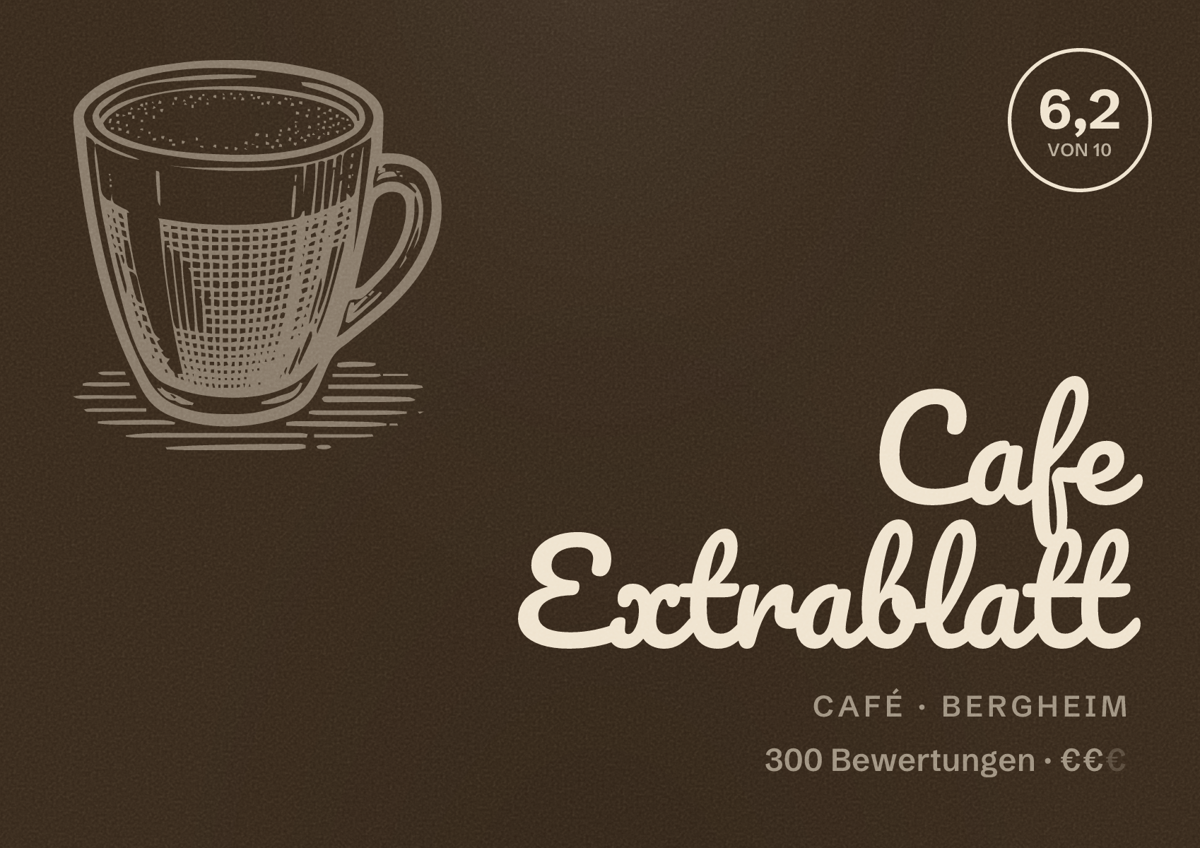 Illustriertes Poster von Cafe Extrablatt, Café in Bergheim: Bewertung 6,2 von 10 aus 300 Bewertungen, Preisniveau €€