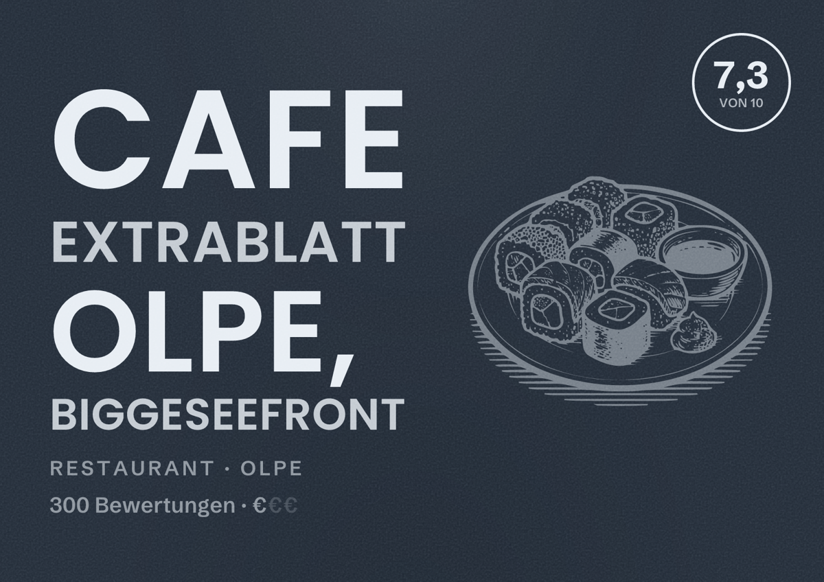 Illustriertes Poster von Cafe Extrablatt Olpe, BiggeSeeFront, Restaurant in Olpe: Bewertung 7,3 von 10 aus 300 Bewertungen, Preisniveau €