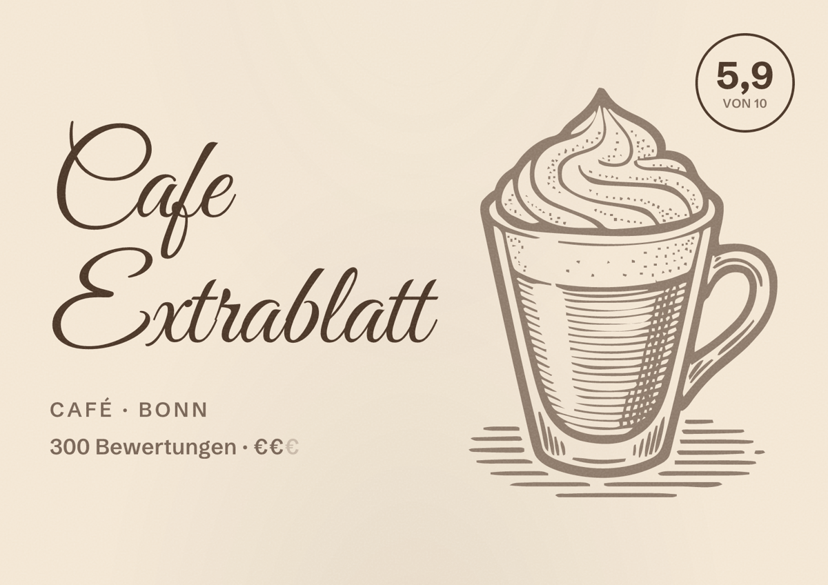Illustriertes Poster von Cafe Extrablatt, Café in Bonn: Bewertung 5,9 von 10 aus 300 Bewertungen, Preisniveau €€