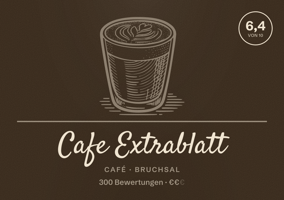 Illustriertes Poster von Cafe Extrablatt, Café in Bruchsal: Bewertung 6,4 von 10 aus 300 Bewertungen, Preisniveau €€
