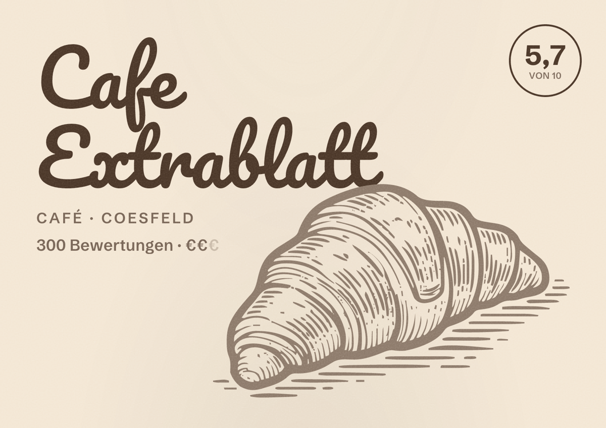Illustriertes Poster von Cafe Extrablatt, Café in Coesfeld: Bewertung 5,7 von 10 aus 300 Bewertungen, Preisniveau €€