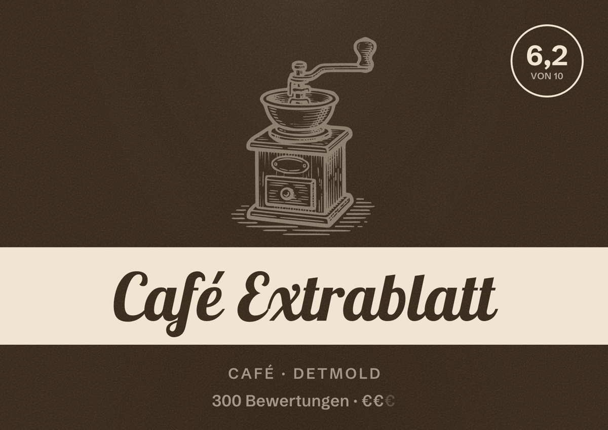 Illustriertes Poster von Café Extrablatt, Café in Detmold: Bewertung 6,2 von 10 aus 300 Bewertungen, Preisniveau €€