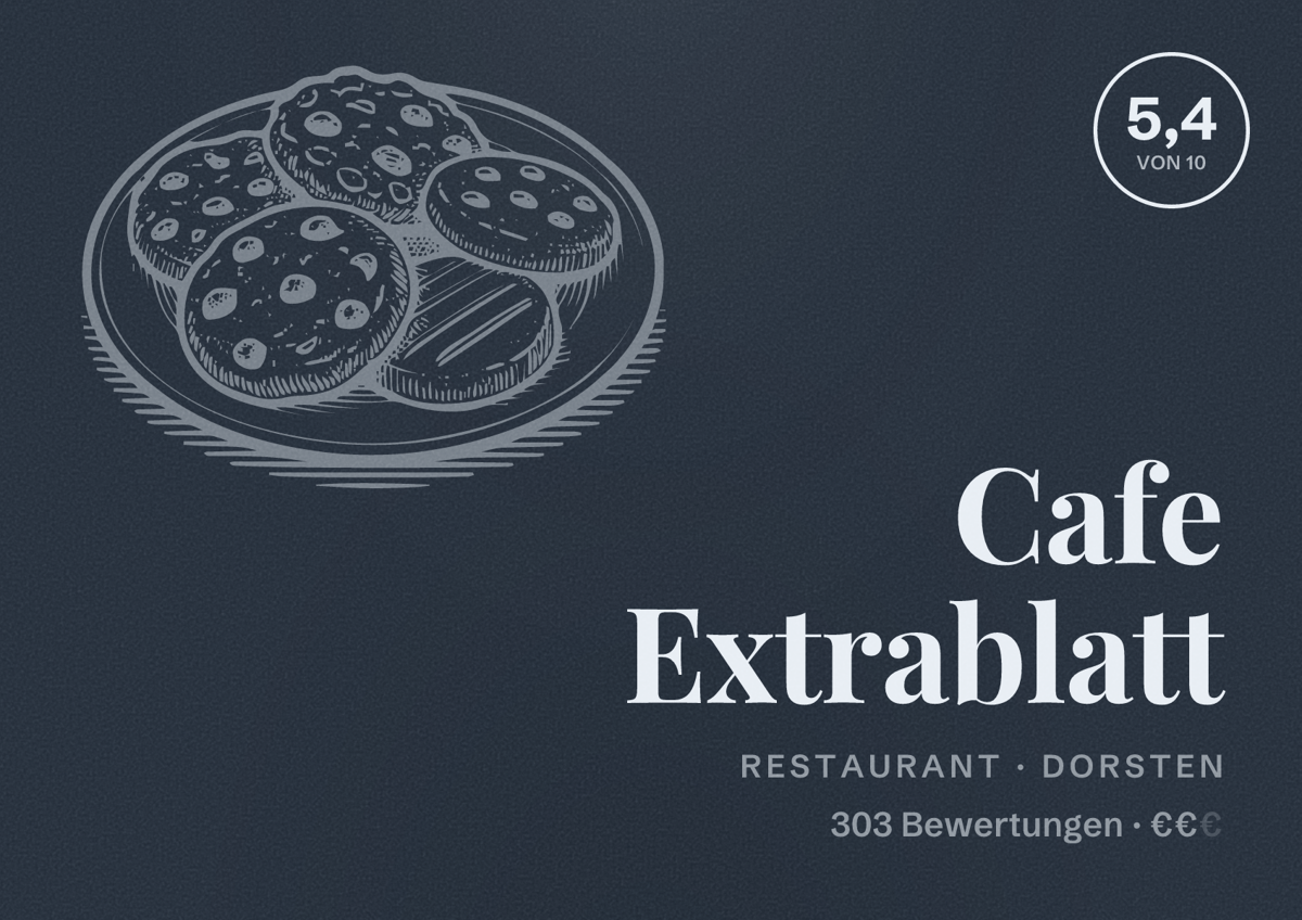 Illustriertes Poster von Cafe Extrablatt, Restaurant in Dorsten: Bewertung 5,4 von 10 aus 303 Bewertungen, Preisniveau €€