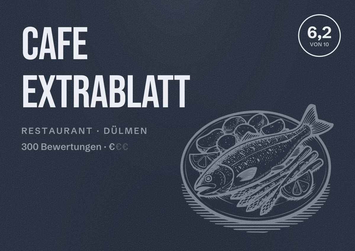 Illustriertes Poster von Cafe Extrablatt, Restaurant in Dülmen: Bewertung 6,2 von 10 aus 300 Bewertungen, Preisniveau €
