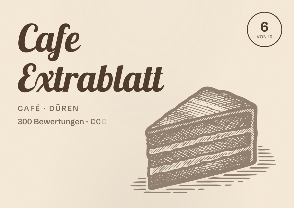 Illustriertes Poster von Cafe Extrablatt, Café in Düren: Bewertung 6 von 10 aus 300 Bewertungen, Preisniveau €€