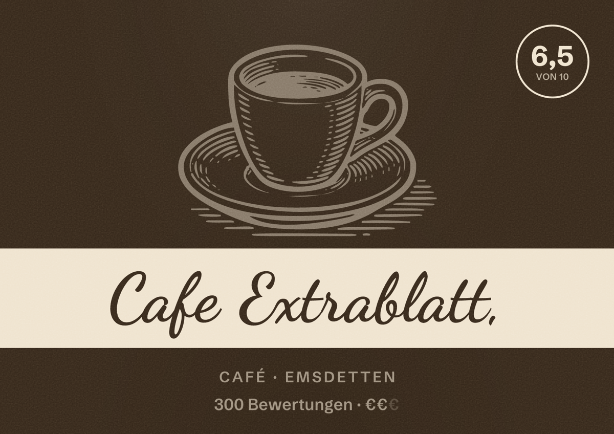 Illustriertes Poster von Cafe Extrablatt,, Café in Emsdetten: Bewertung 6,5 von 10 aus 300 Bewertungen, Preisniveau €€