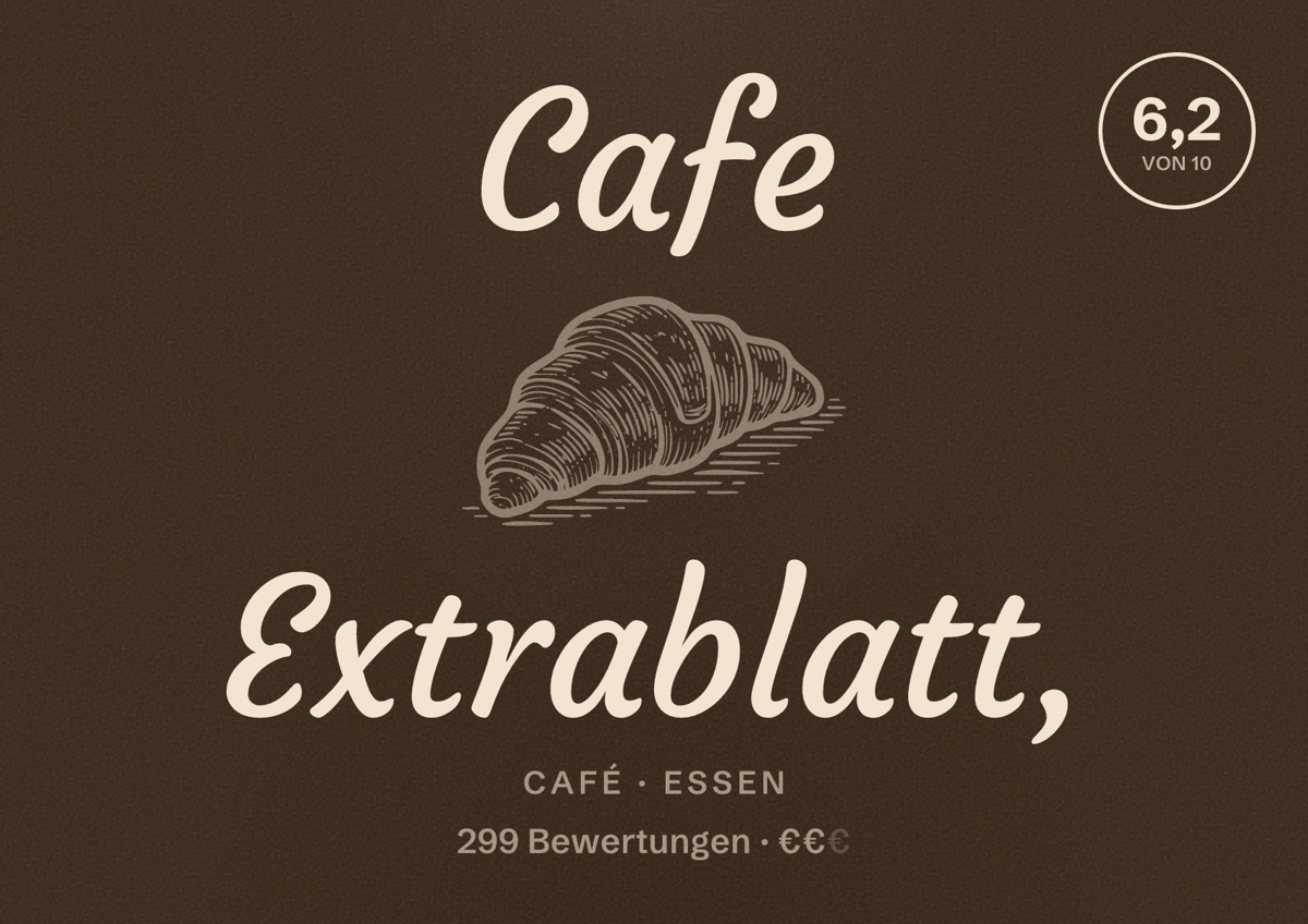 Illustriertes Poster von Cafe Extrablatt,, Café in Essen: Bewertung 6,2 von 10 aus 299 Bewertungen, Preisniveau €€