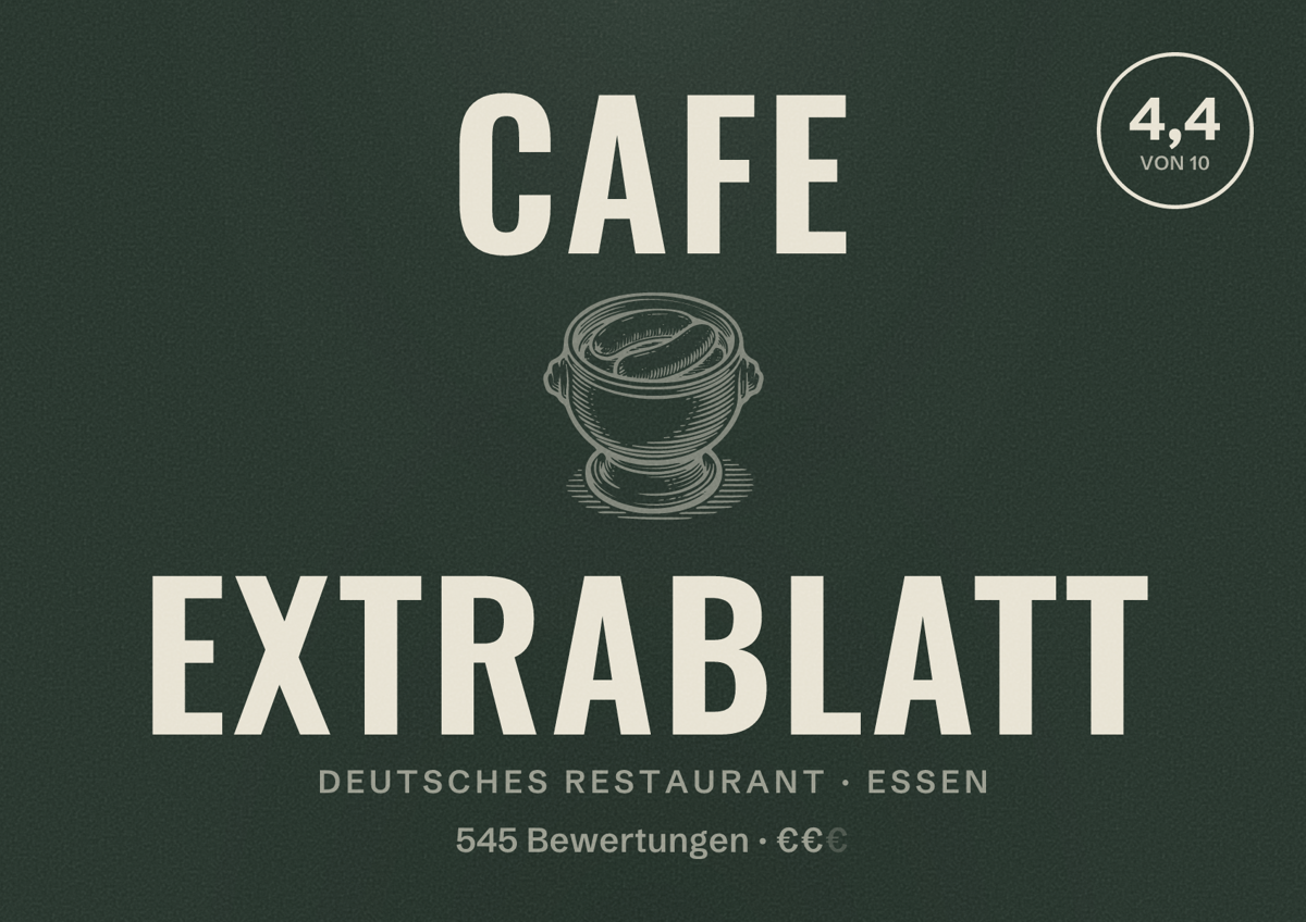 Illustriertes Poster von Cafe Extrablatt, Deutsches Restaurant in Essen: Bewertung 4,4 von 10 aus 545 Bewertungen, Preisniveau €€