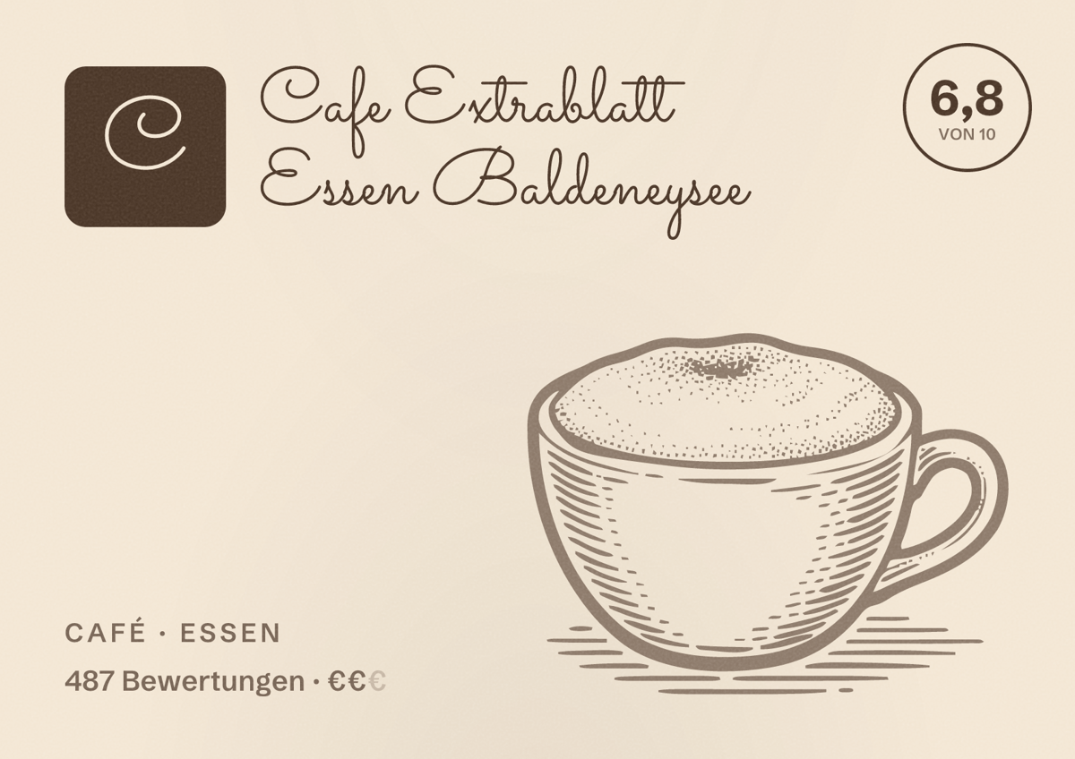 Illustriertes Poster von Cafe Extrablatt Essen Baldeneysee, Café in Essen: Bewertung 6,8 von 10 aus 487 Bewertungen, Preisniveau €€