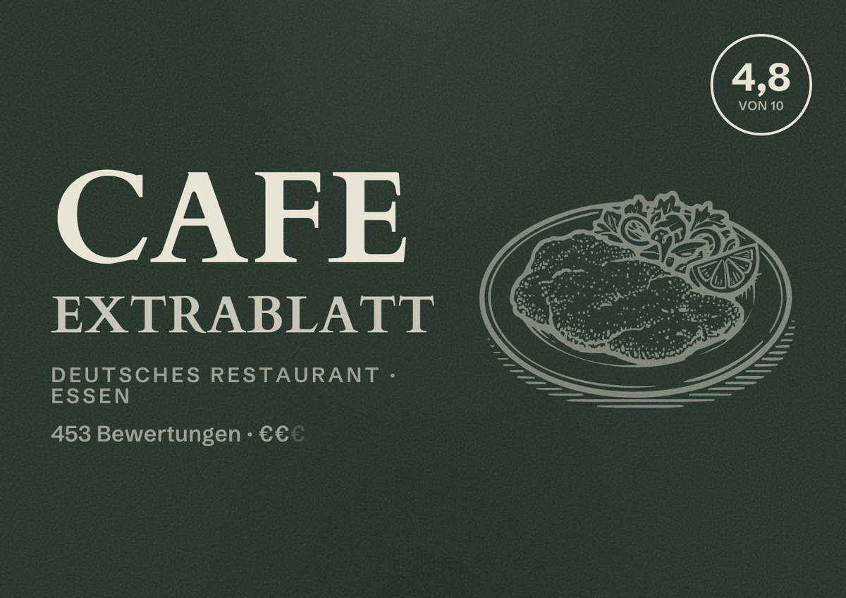 Illustriertes Poster von Cafe Extrablatt, Deutsches Restaurant in Essen: Bewertung 4,8 von 10 aus 453 Bewertungen, Preisniveau €€